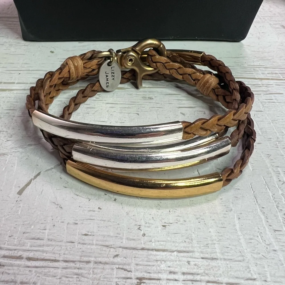 Lizzy James Double Strand Gold Silver & Brown Leather Wrap Around Bracelet D13